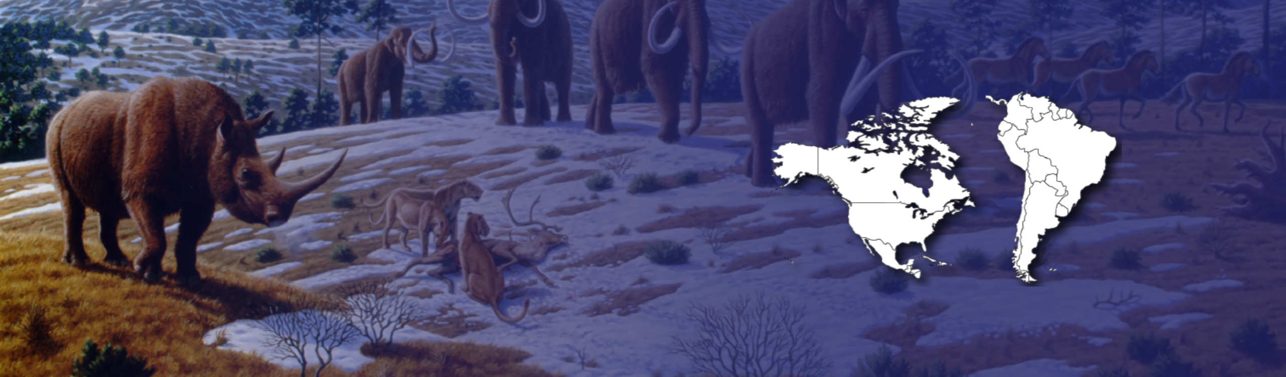 Pleistocene megafauna with maps of North and South America